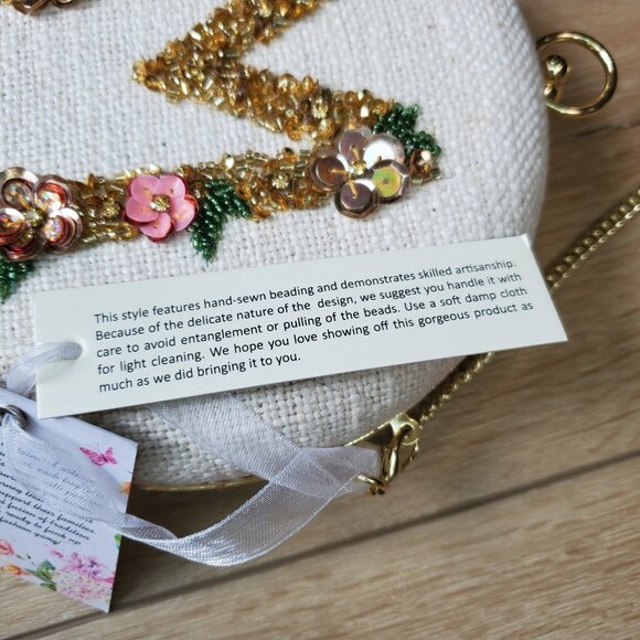 Viral Handcrafted In India Beaded Bag Monogrammed "M" Beige Round Clutch Chain - Picture 8 of 16